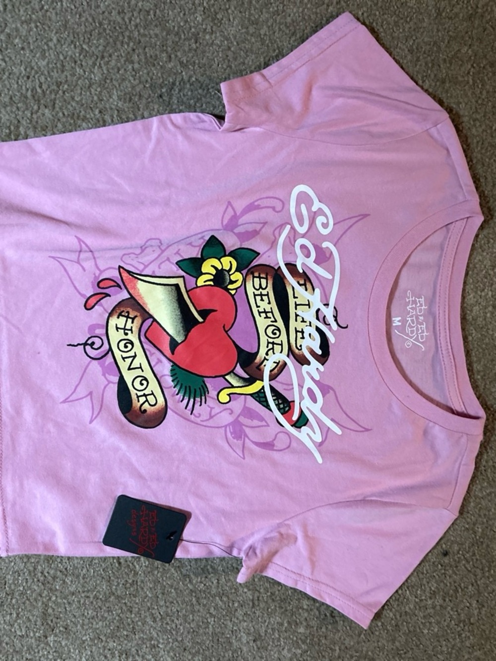 Ed Hardy Pink Short Sleeve Tattoo Heart graphic crop top